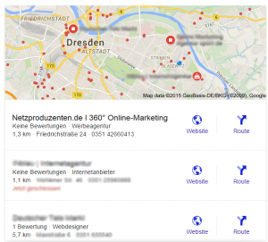 So sieht die Infobox mit den Ergebnissen zur Suche "Internetagentur Dresden" aus. Seit 2015 bildet Google hier nur noch die drei besten Ergebnisse ab.