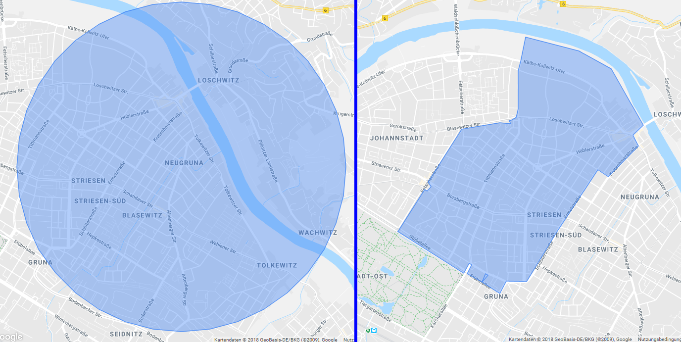 So sehen die beiden Optionen im Local SEA für den Umkreis um unser Büro in Dresden aus. Mit dem Postleitzahlen-Modus können wir Striesen exakt abpassen, während der Umkreis etwas flexibler ist.